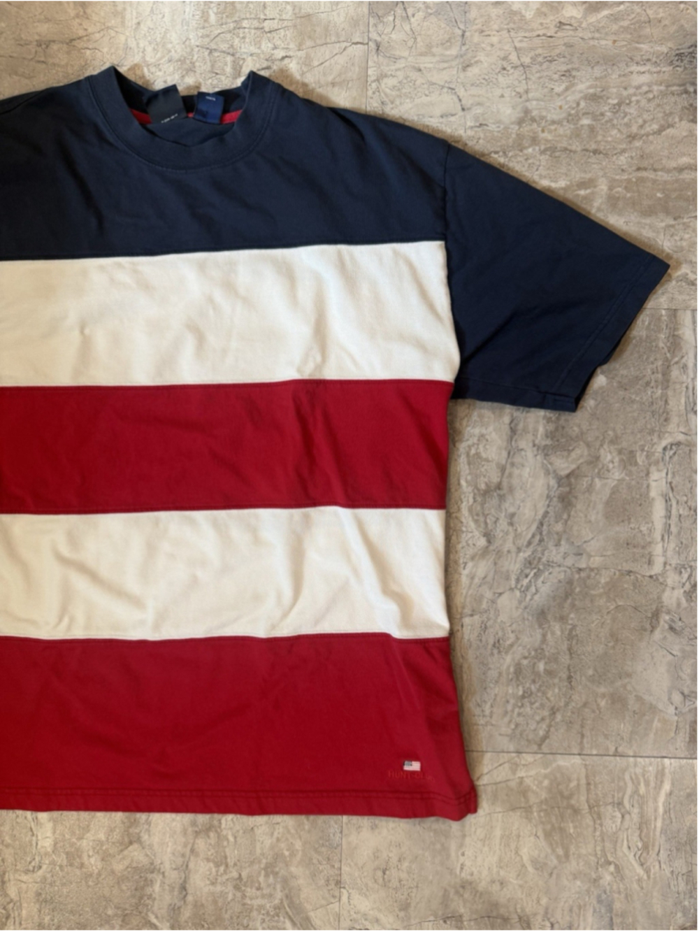 Vintage Hunt Club Shirt Mens L Red White Blue Striped Short Sleeve Flag Logo